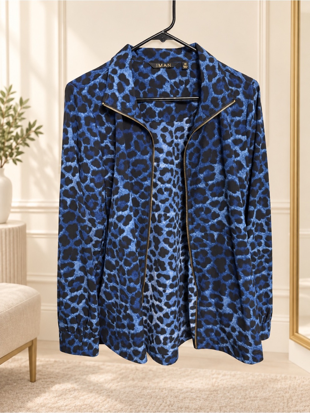 IMAN Blue and Black Leopard-Print Bomber Jacket